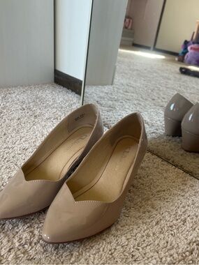 CL by Laundry Nude Patent Pointed Toe Low Block Heel Pumps